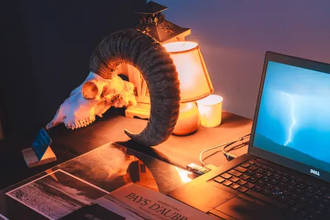Bureau d’exposition à la lampe : crâne de bélier, journaux anciens et ordinateur affichant un éclair.